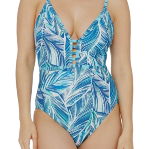 LA Blanca Women's Blue Printed Sketched Lace Up One Piece Swimsuit, Size 8